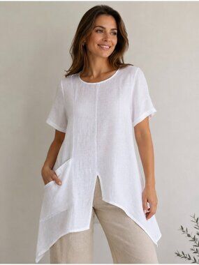 Saga Womens White Linen Asymmetrical Tunic Short Sleeves Pocket Made In Italy M